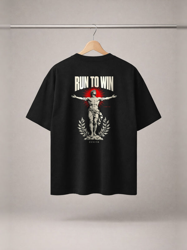 Run To Win Tee — Black — back print, studio hanger