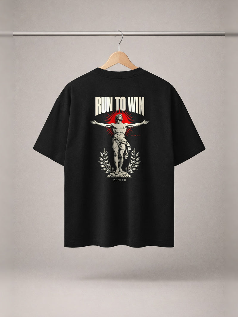 Run To Win Tee — Black — back print, studio hanger
