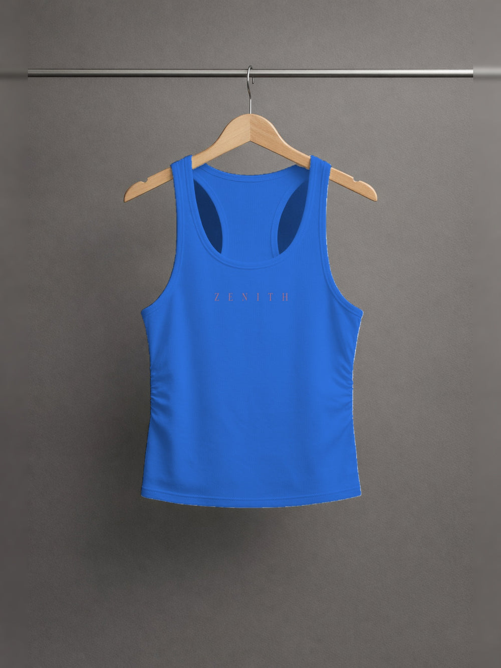 Handmaid of the Lord Ruched Tank — Klein Blue — chest side, studio hanger