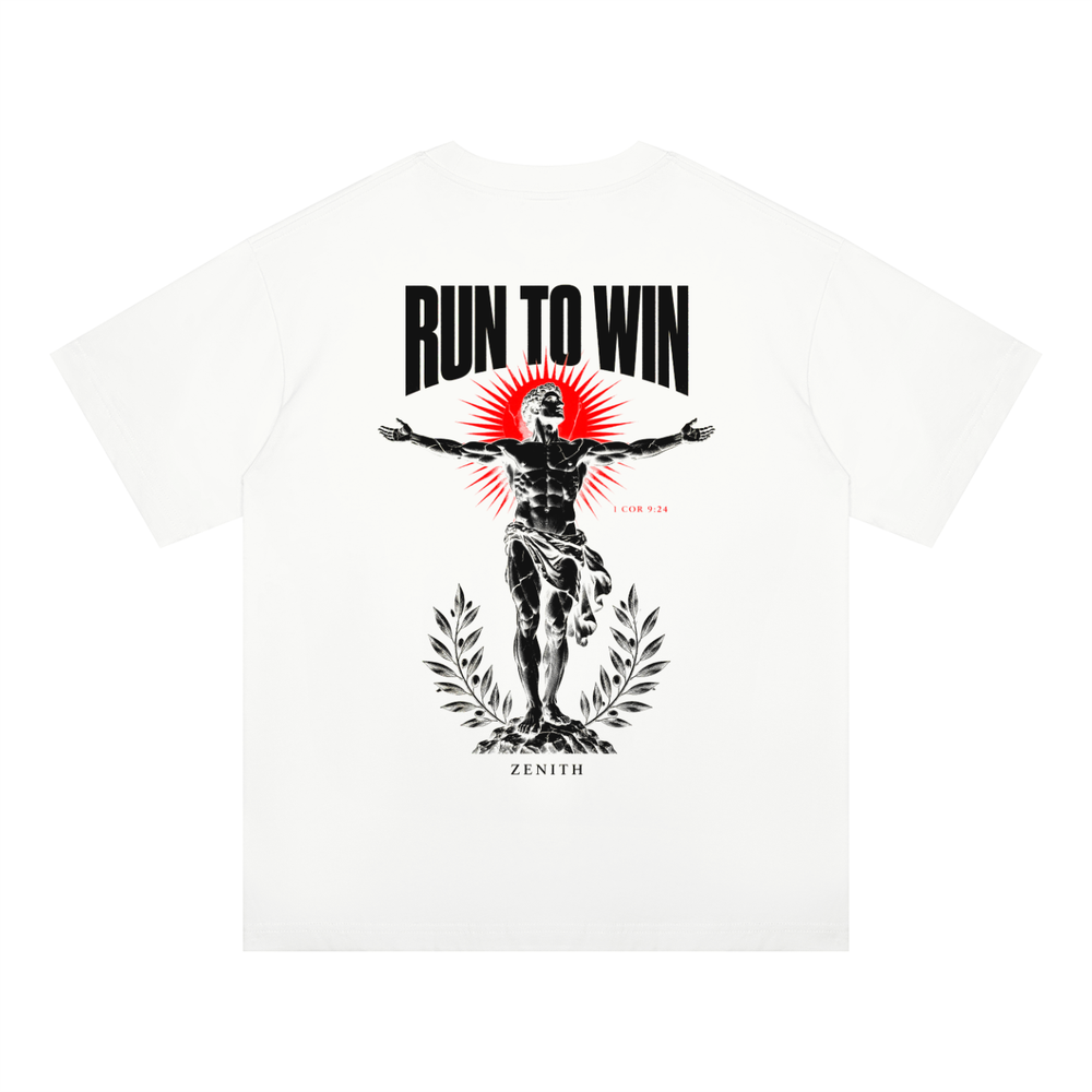 Run To Win Tee — White — oversized fit, back print