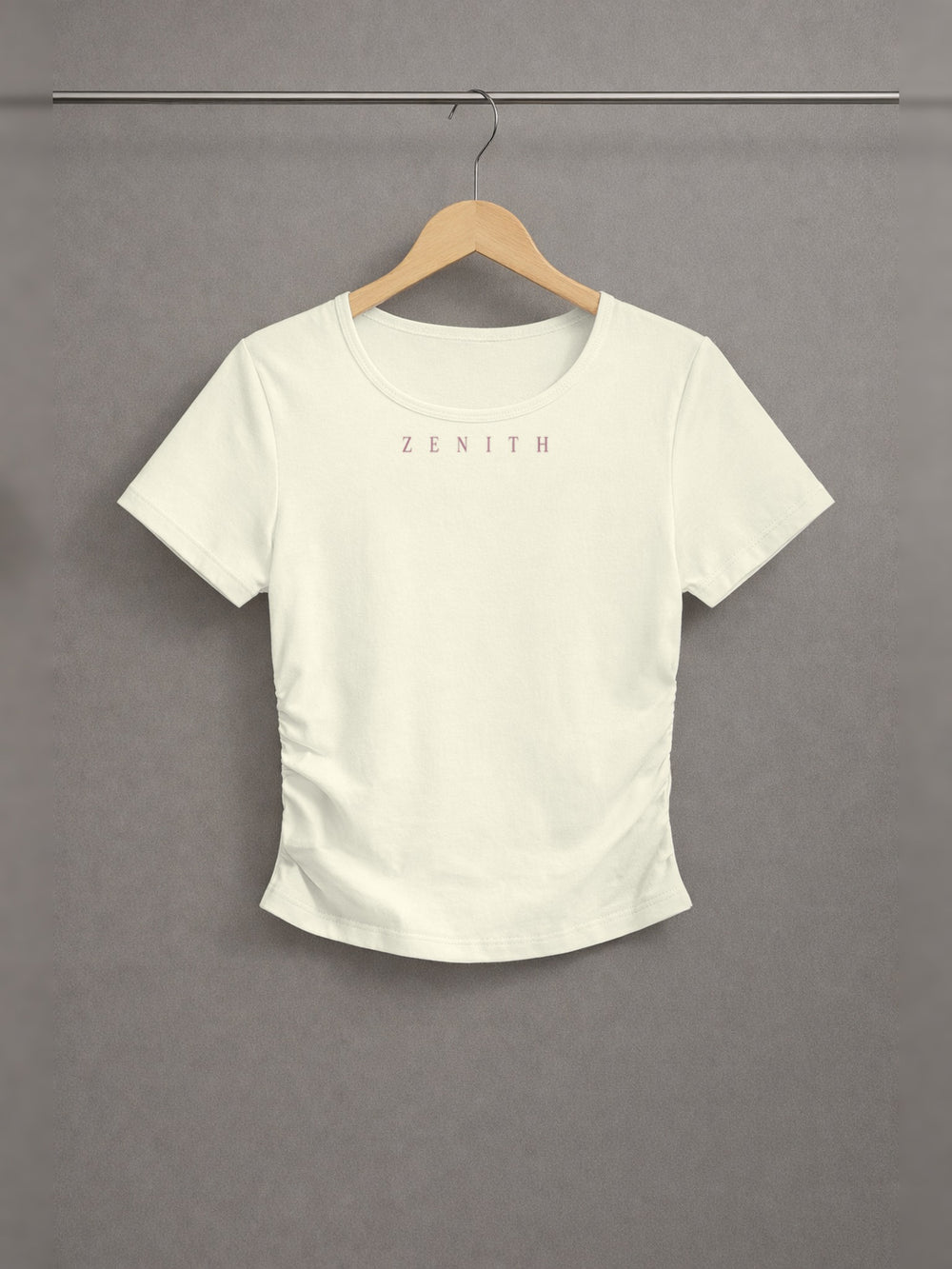 Lily of the Valley Ruched Crop Top — Beige — chest side, studio hanger