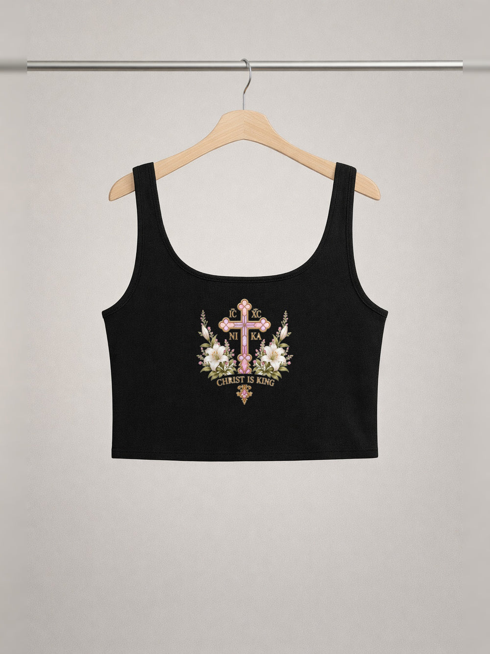 Theotokos Cropped Tank — Onyx Black — back print, studio hanger