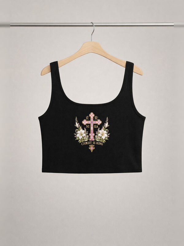 Theotokos Cropped Tank — Onyx Black — back print, studio hanger