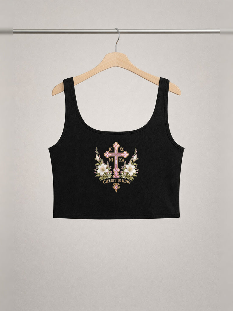 Theotokos Cropped Tank — Onyx Black — back print, studio hanger