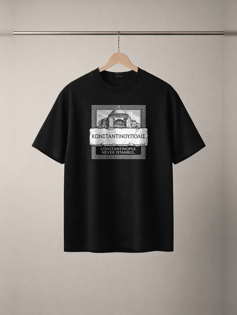 Konstantinoupolis Tee — Black — front print, studio hanger