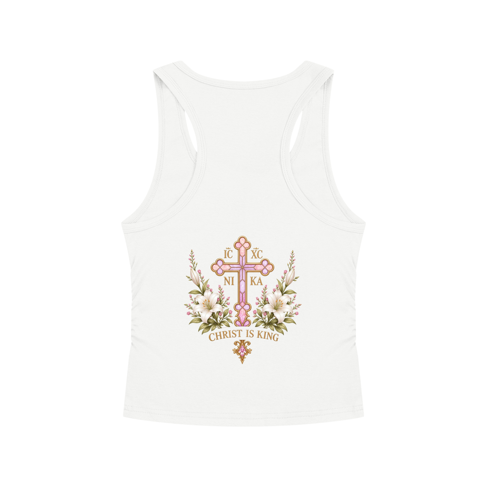 Handmaid of the Lord Ruched Tank — Off-White — back print