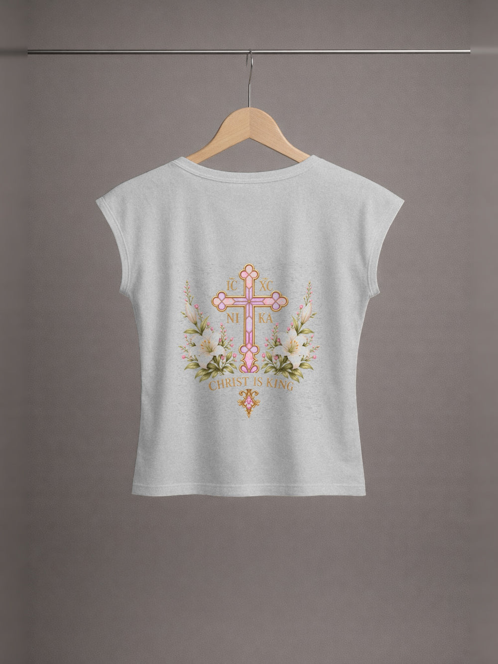 Daughter of Christ Baby Tee — Heather Grey — back print, studio hanger