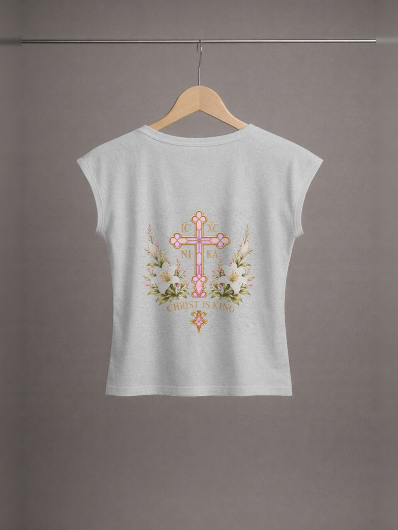 Daughter of Christ Baby Tee — Heather Grey — back print, studio hanger