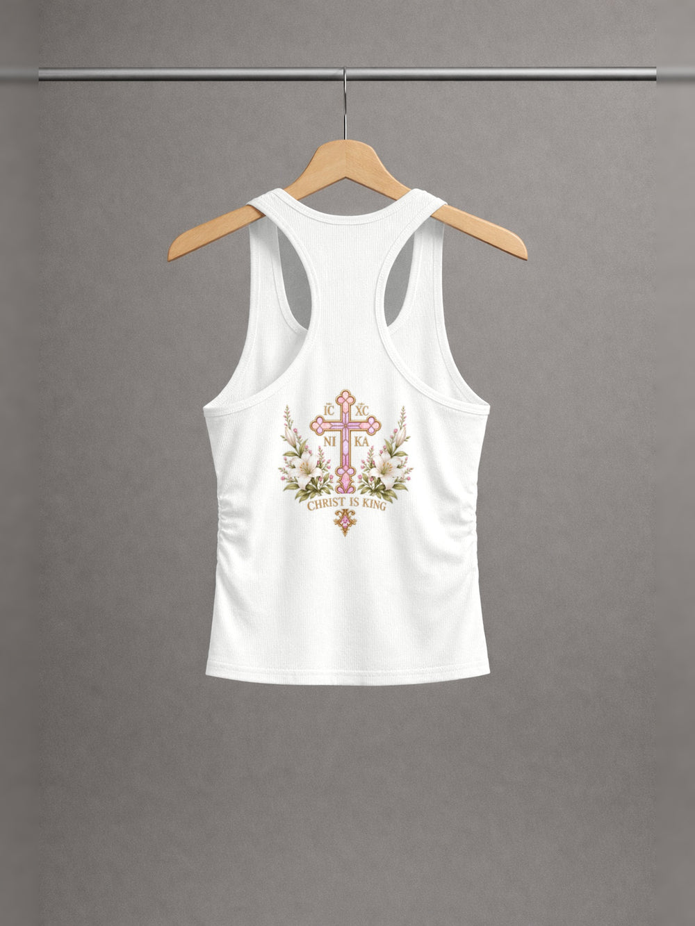 Handmaid of the Lord Ruched Tank — Off-White — back print, studio hanger