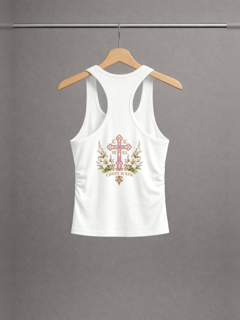 Handmaid of the Lord Ruched Tank — Off-White — back print, studio hanger