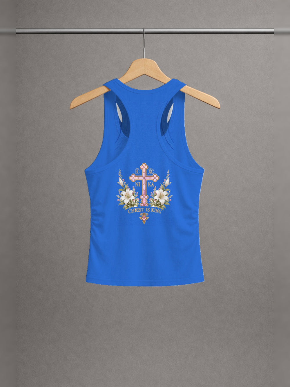 Handmaid of the Lord Ruched Tank — Klein Blue — back print, studio hanger