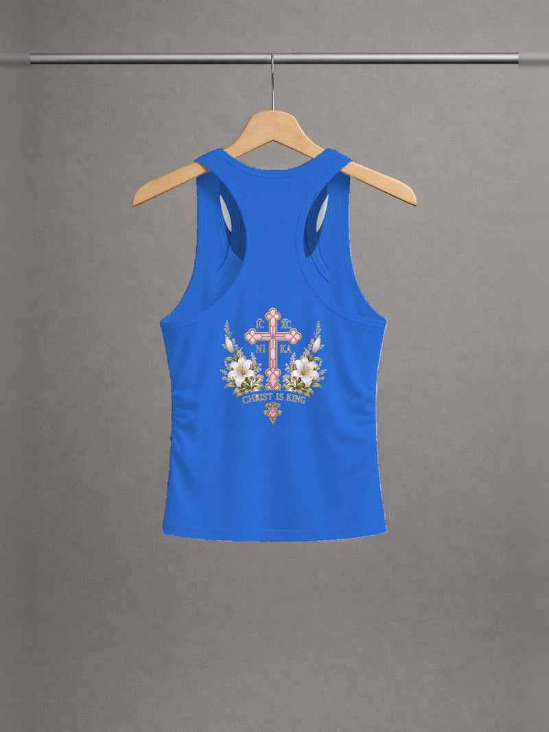 Handmaid of the Lord Ruched Tank — Klein Blue — back print, studio hanger