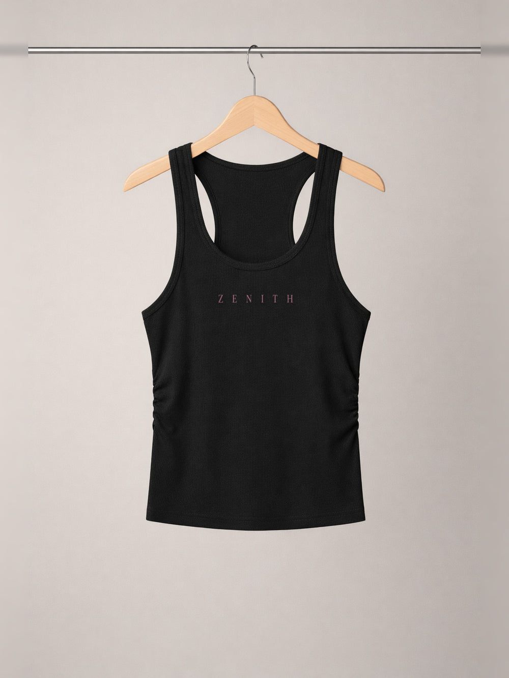 Handmaid of the Lord Ruched Tank — Onyx Black — chest side, studio hanger
