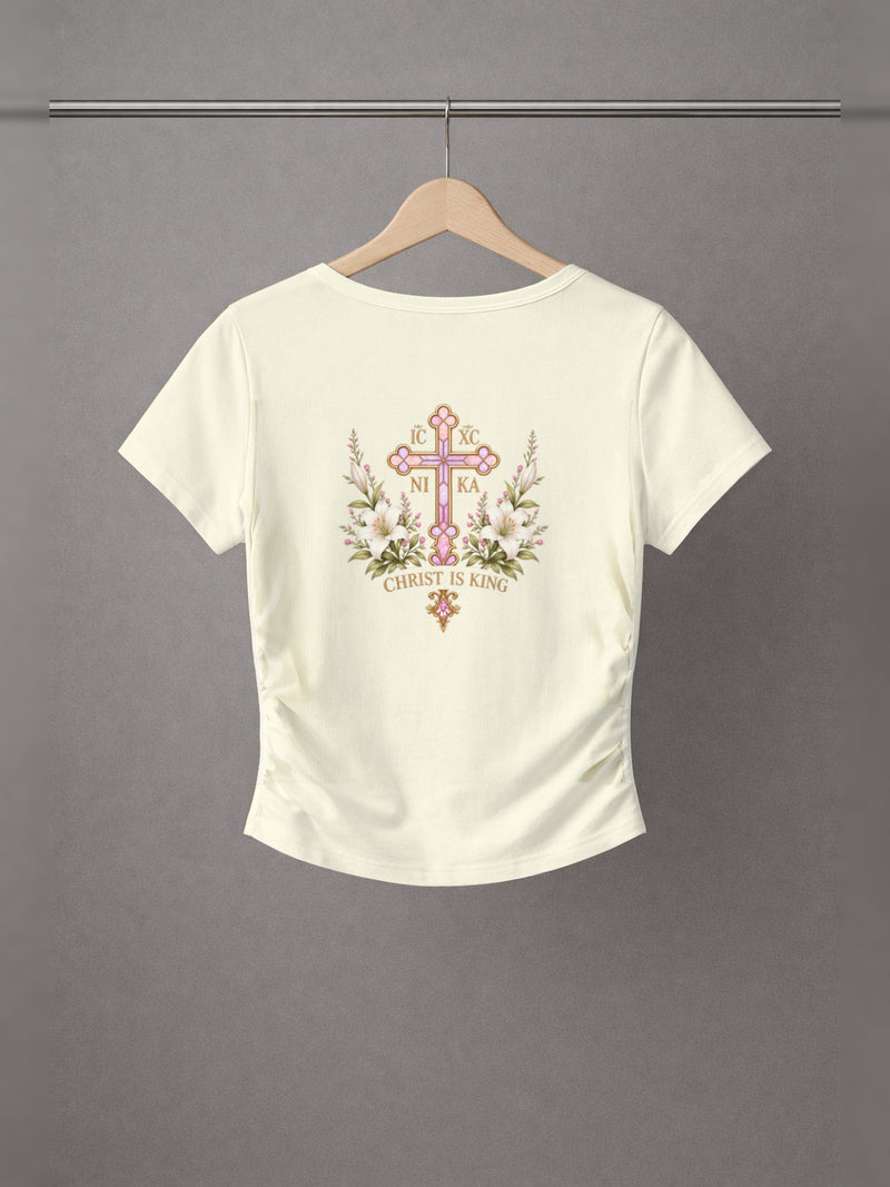 Lily of the Valley Ruched Crop Top — Beige — back print, studio hanger