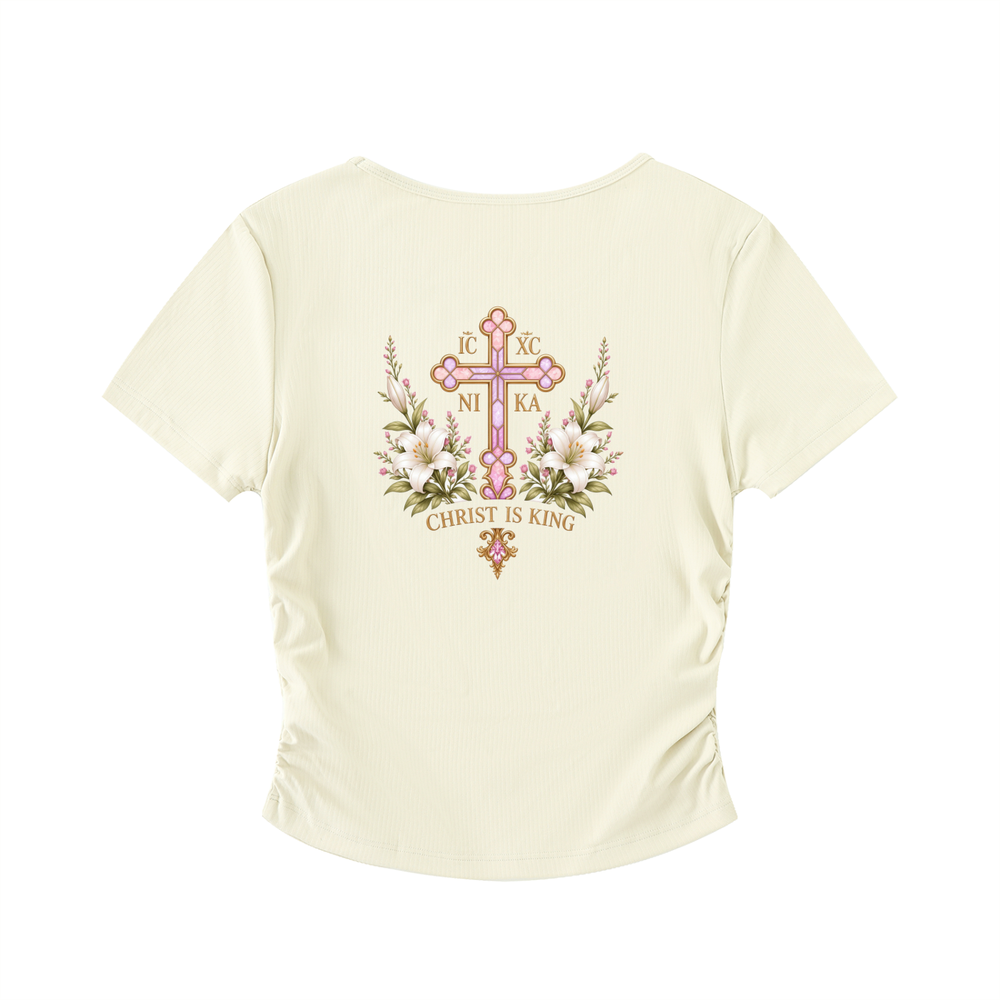 Lily of the Valley Ruched Crop Top — Beige — back print