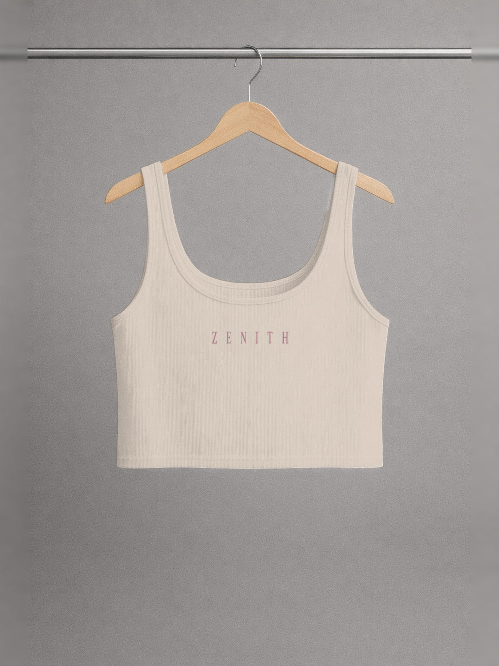 Theotokos Cropped Tank — Apricot — chest side, studio hanger