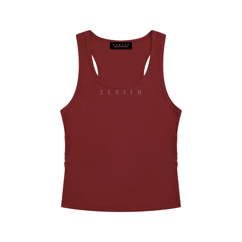 Handmaid of the Lord Ruched Tank — Wine Red — chest side flat lay
