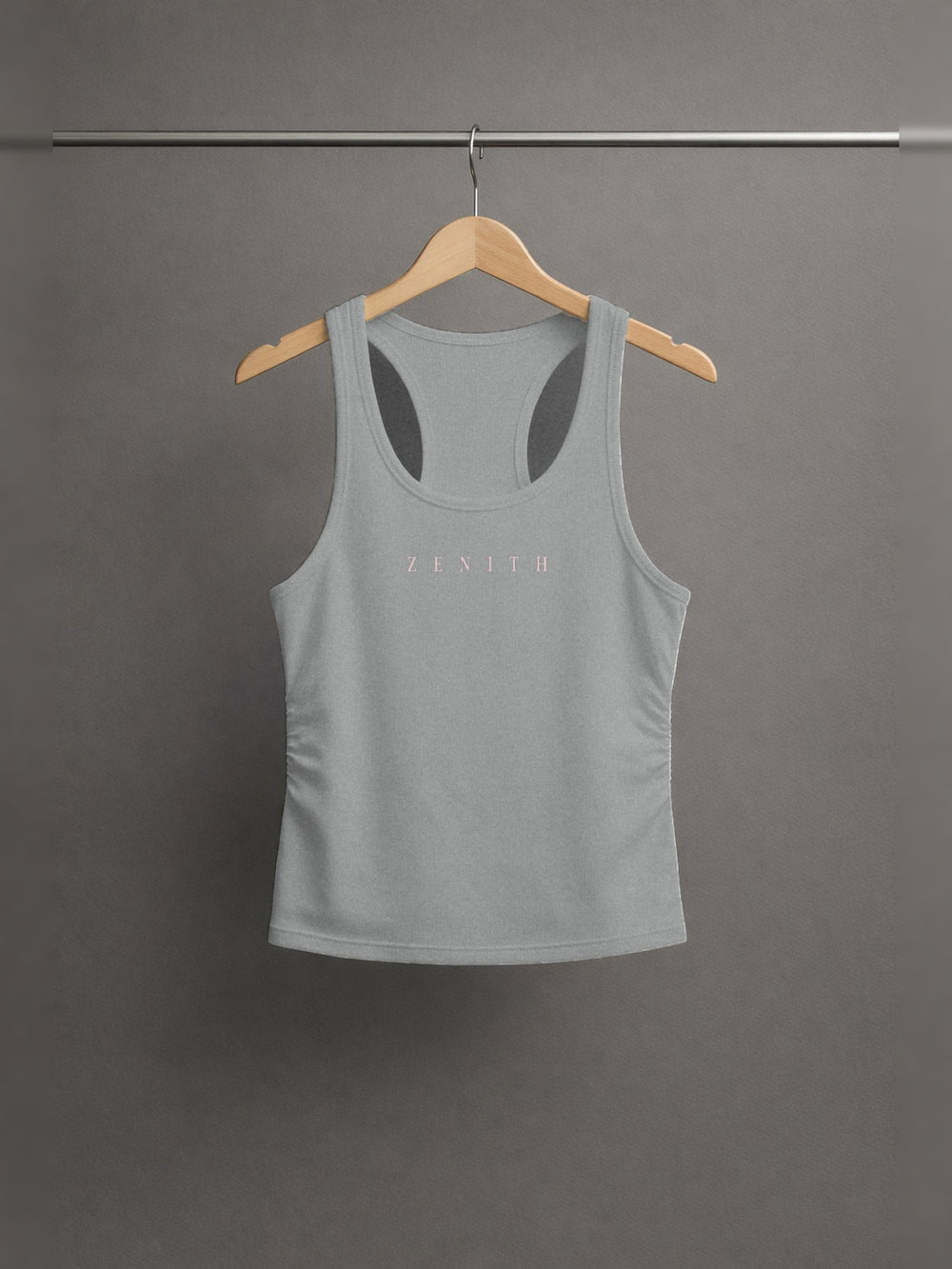 Handmaid of the Lord Ruched Tank — Heather Grey — chest side, studio hanger