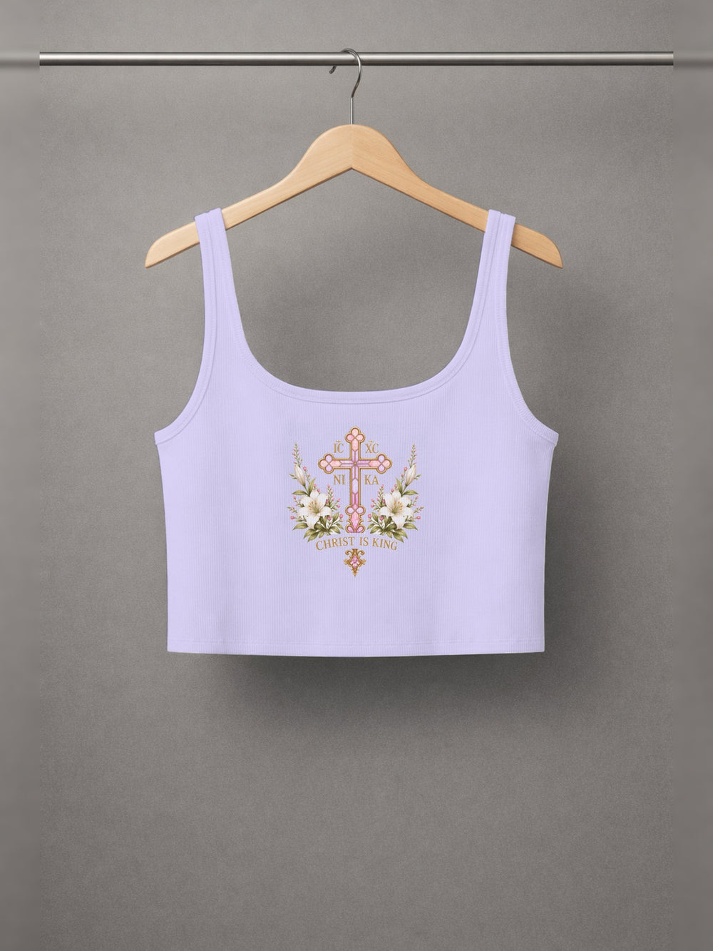 Theotokos Cropped Tank — Lavender — back print, studio hanger