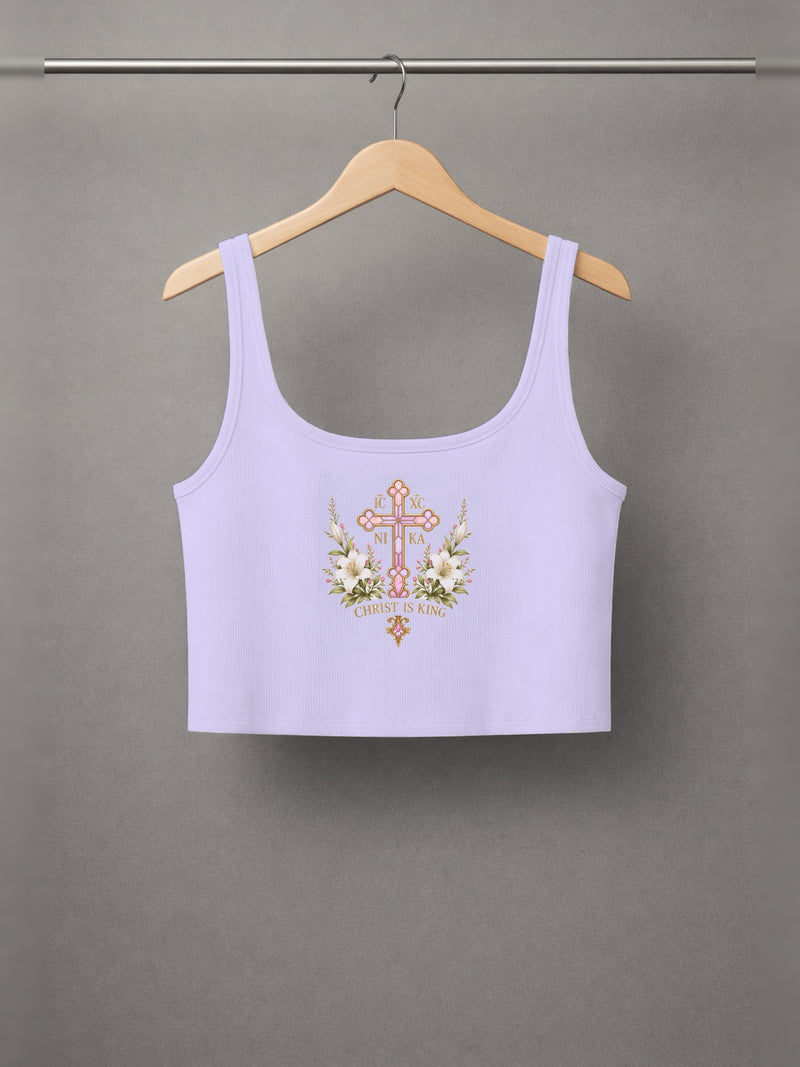 Theotokos Cropped Tank — Lavender — back print, studio hanger