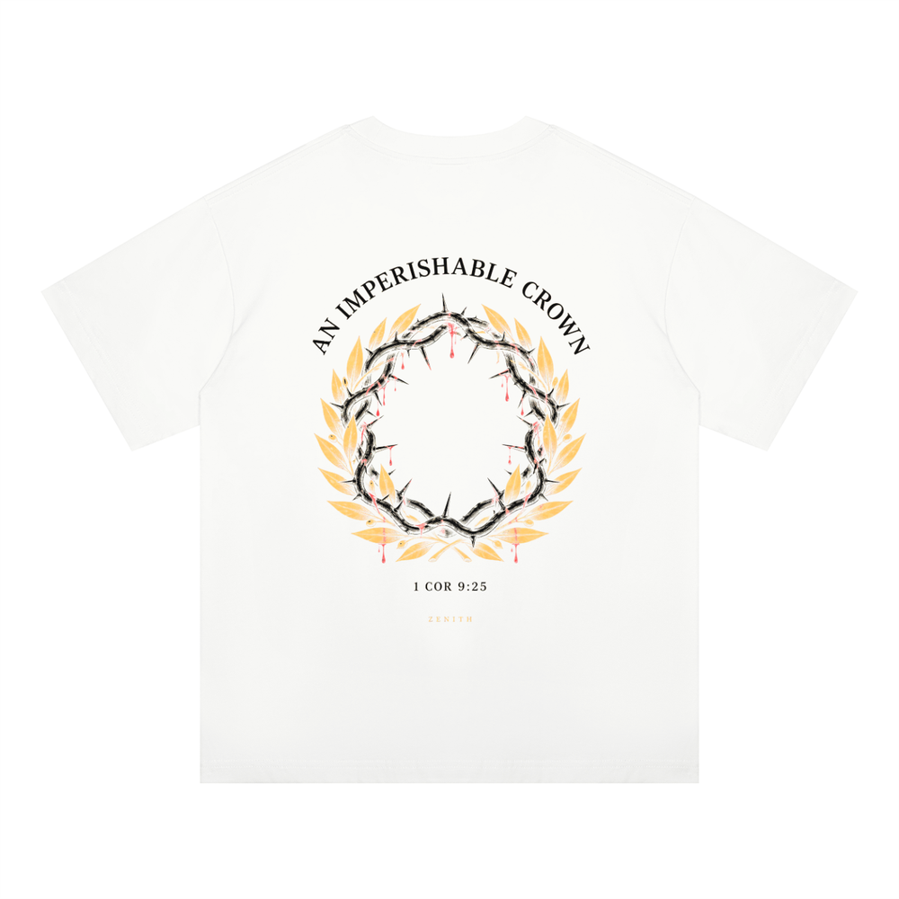 Imperishable Crown Tee — White — oversized fit, back print