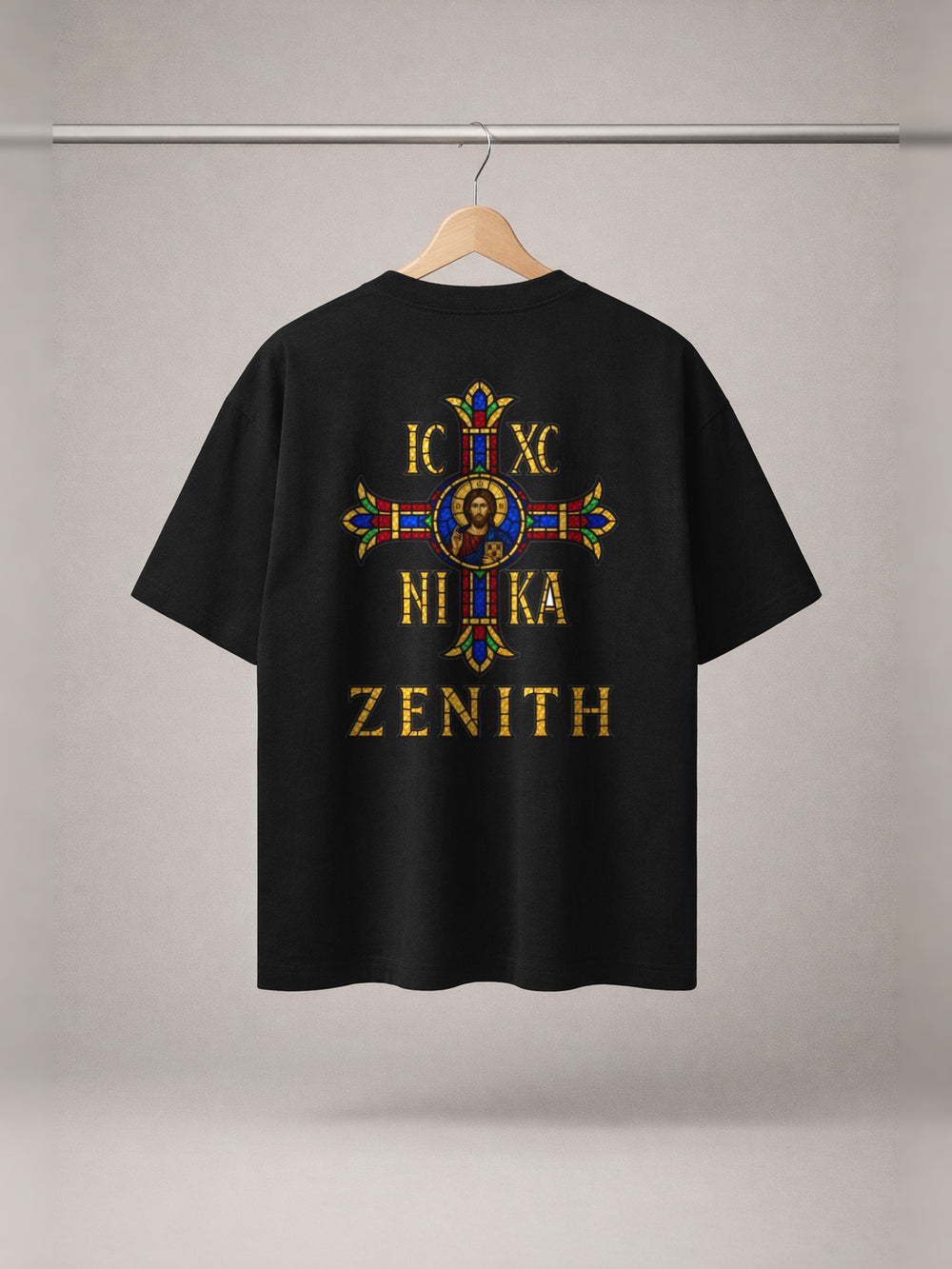 IC XC NIKA Stained Glass Tee — Black — back print, studio hanger