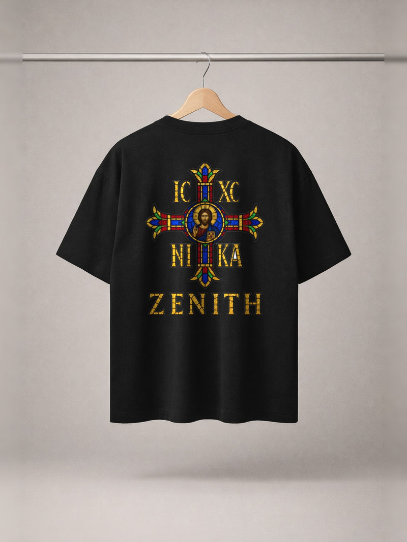 IC XC NIKA Stained Glass Tee — Black — back print, studio hanger