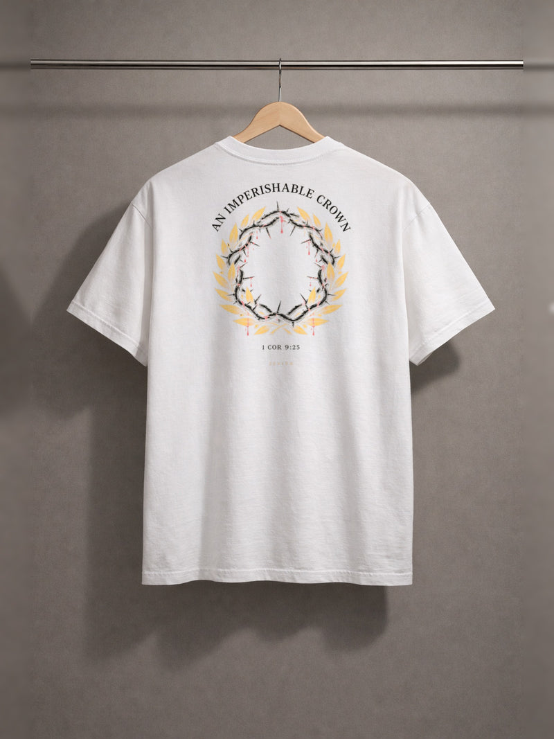 Imperishable Crown Tee — White — back print, studio hanger