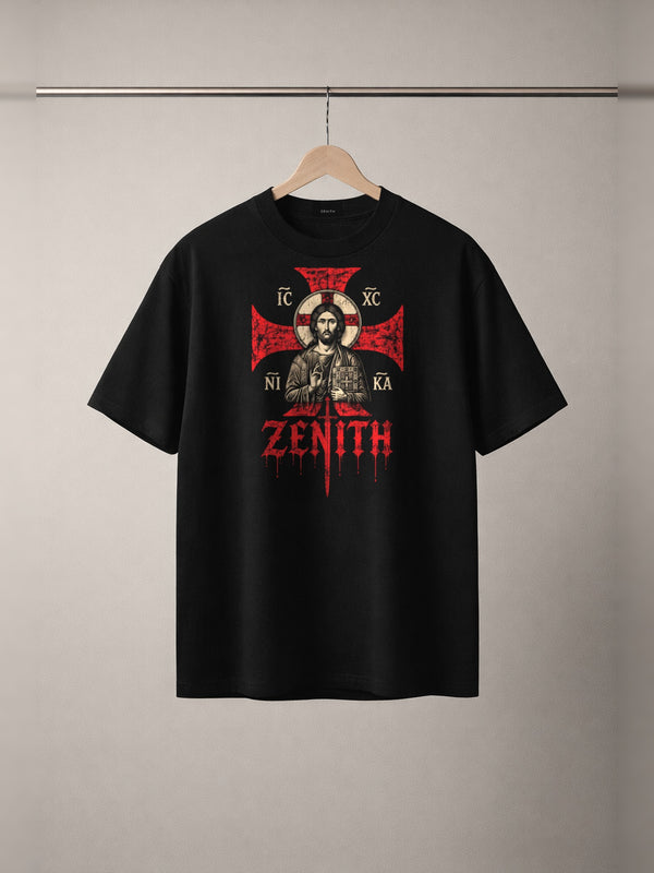 Eucharist Tee — front print, studio hanger