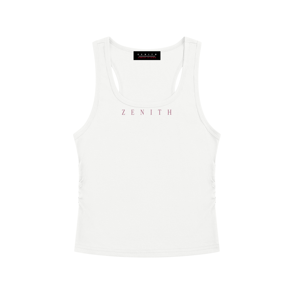 Handmaid of the Lord Ruched Tank — Off-White — chest side flat lay