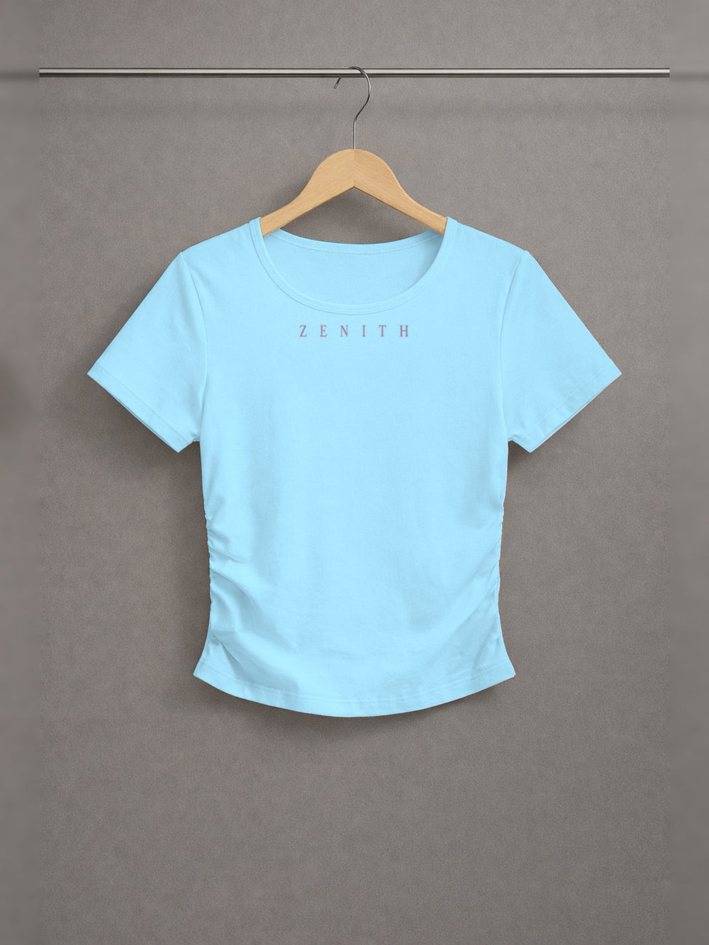 Lily of the Valley Ruched Crop Top — Blue — chest side, studio hanger