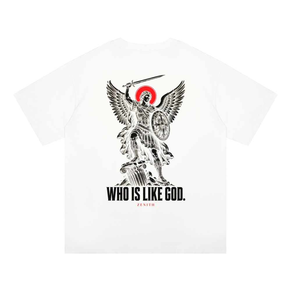 Who Is Like God Tee — White — oversized fit, back print