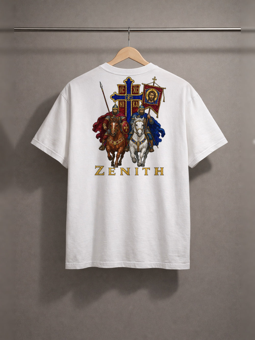 IC XC NIKA Cavalry Tee — White — back print, studio hanger