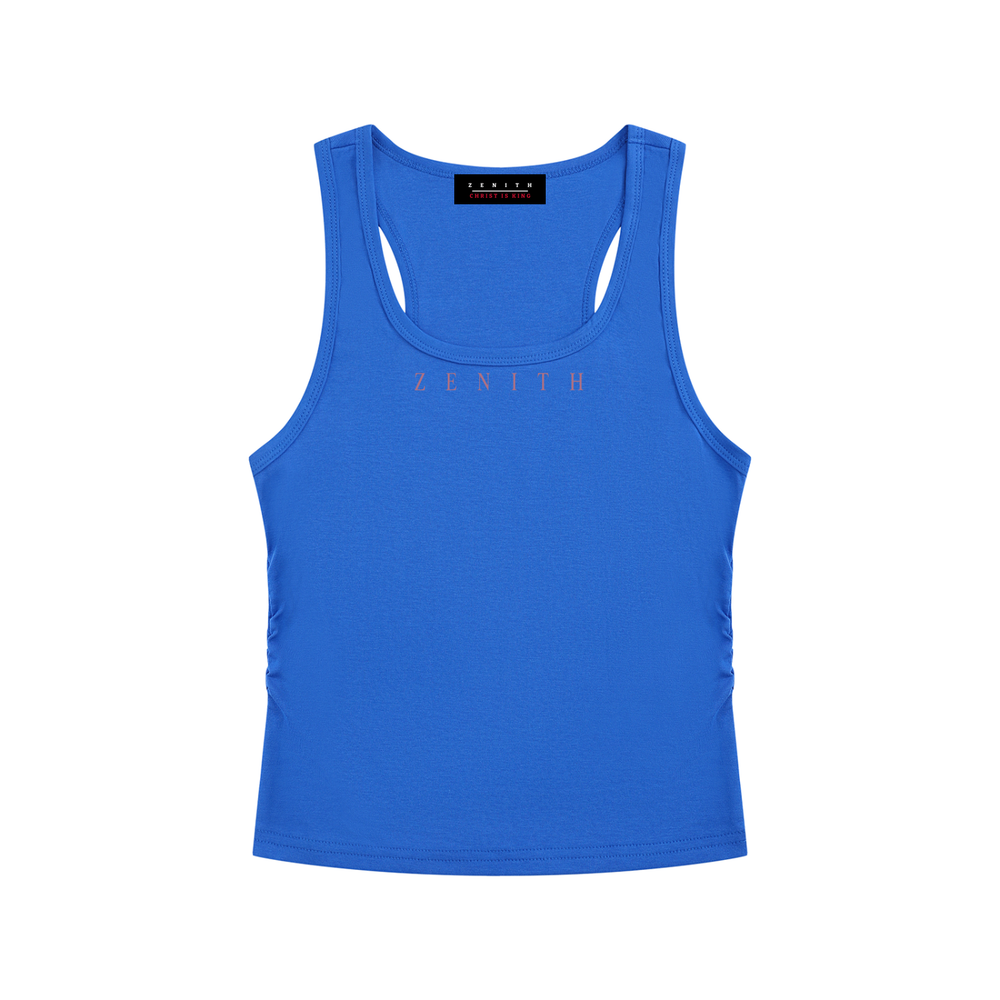 Handmaid of the Lord Ruched Tank — Klein Blue — chest side flat lay