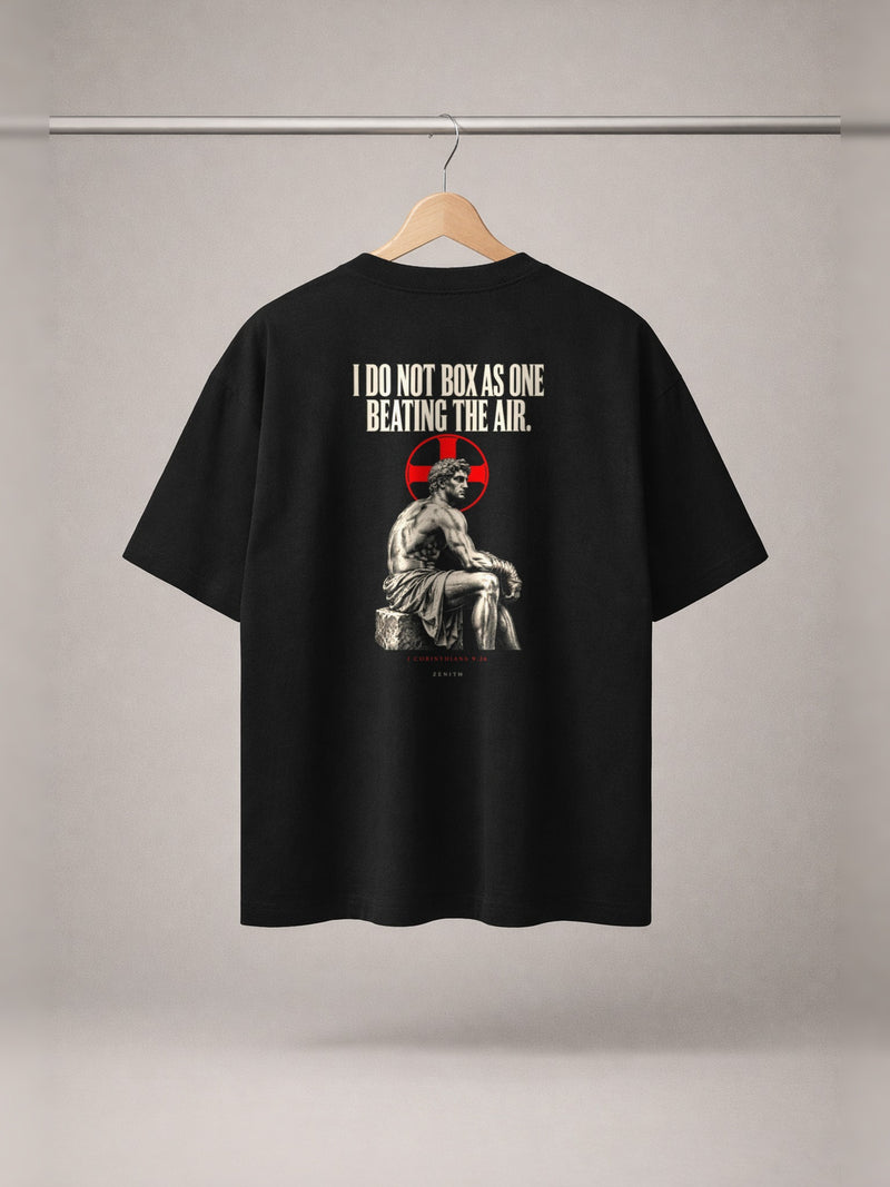 Not Beating The Air Tee — Black — back print, studio hanger