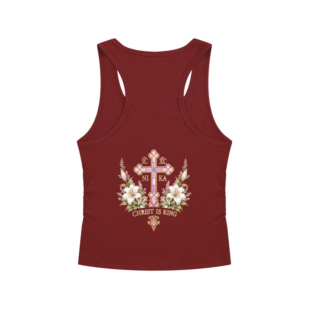 Handmaid of the Lord Ruched Tank — Wine Red — back print