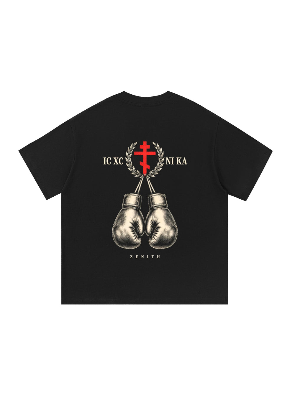 IC XC NIKA Gloves Tee — Black — back print flat lay