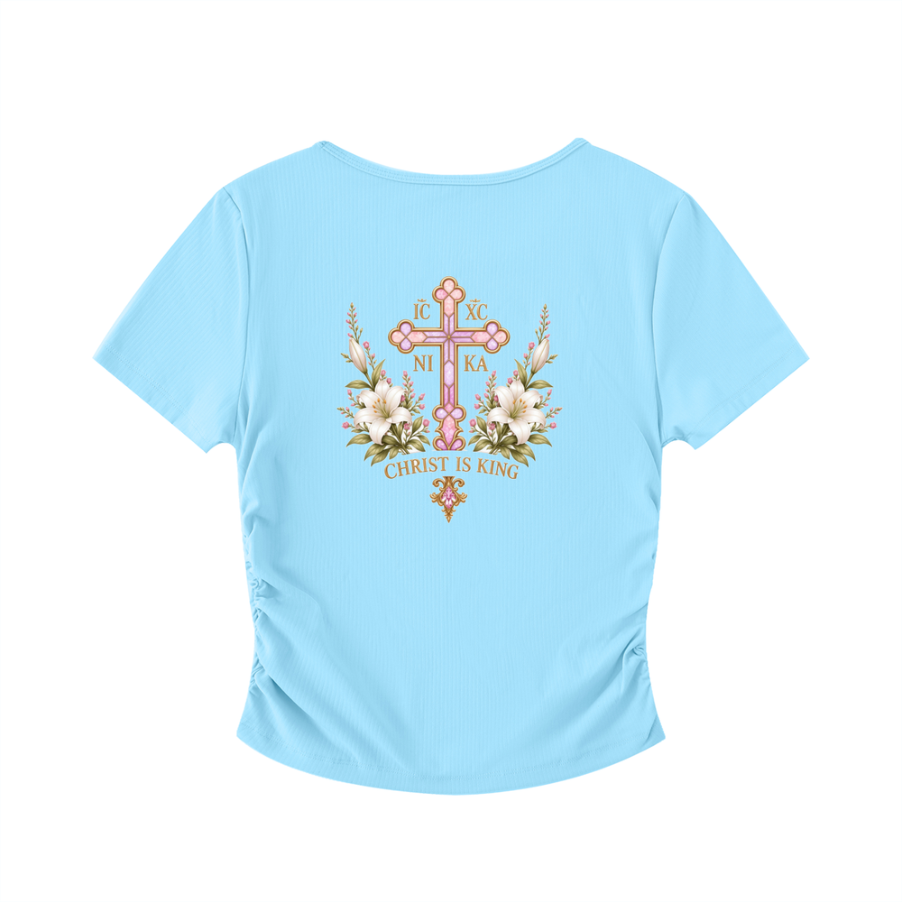 Lily of the Valley Ruched Crop Top — Blue — back print