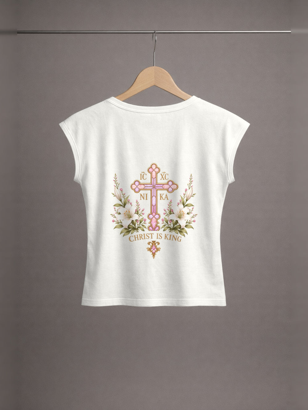Daughter of Christ Baby Tee — Off-White — back print, studio hanger
