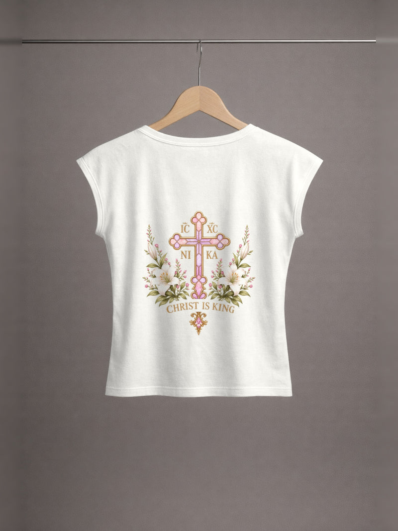 Daughter of Christ Baby Tee — Off-White — back print, studio hanger