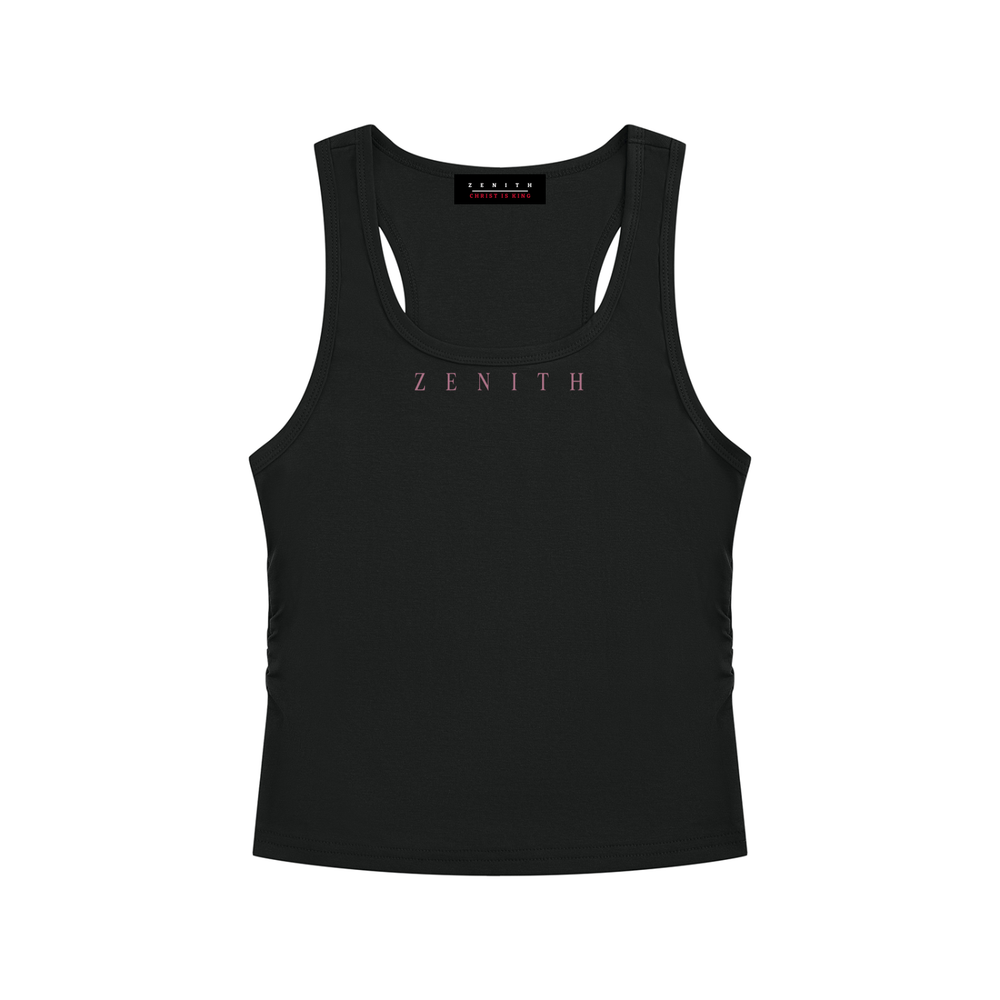 Handmaid of the Lord Ruched Tank — Onyx Black — chest side flat lay
