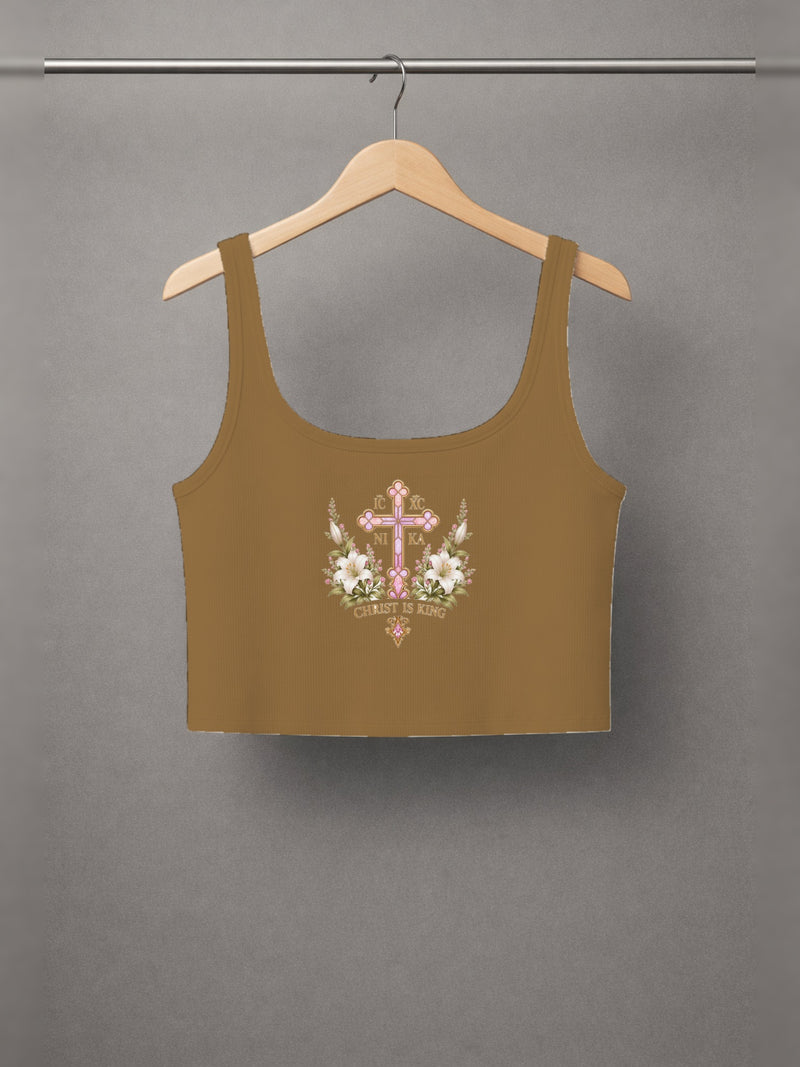 Theotokos Cropped Tank — Brown — back print, studio hanger