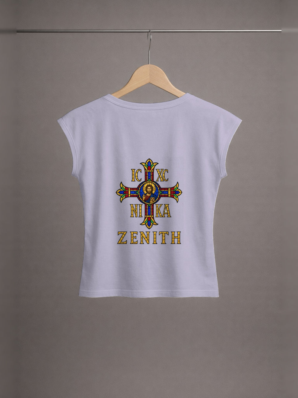 Bride of Christ Baby Tee — Lavender Grey — back print, studio hanger