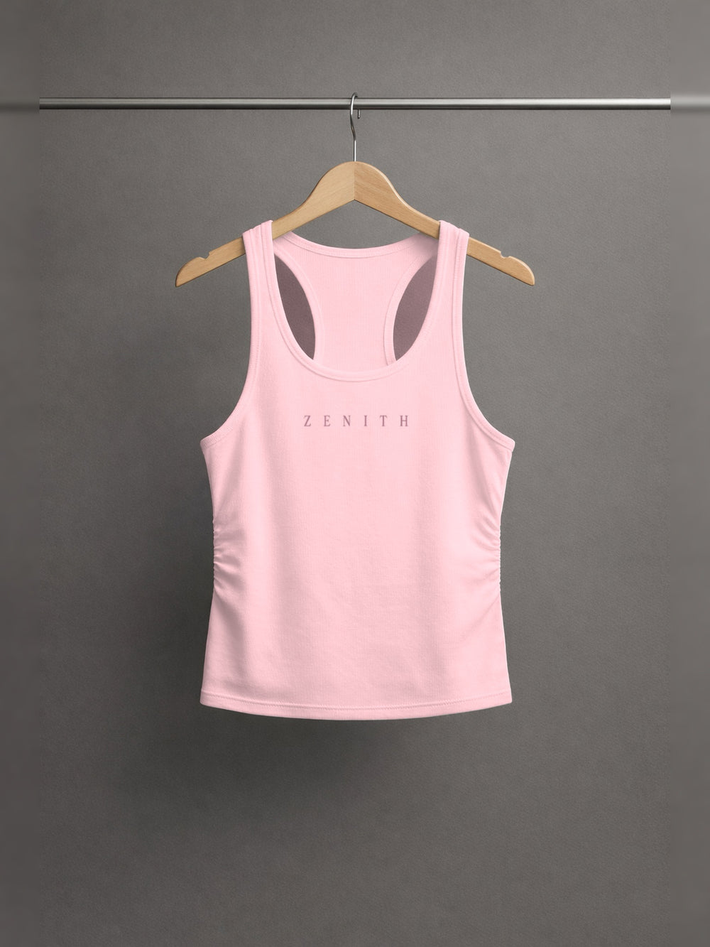 Handmaid of the Lord Ruched Tank — Blush Pink — chest side, studio hanger