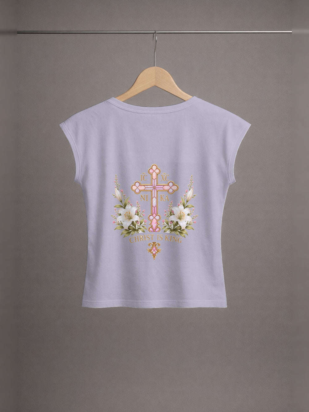 Daughter of Christ Baby Tee — Lavender Grey — back print, studio hanger