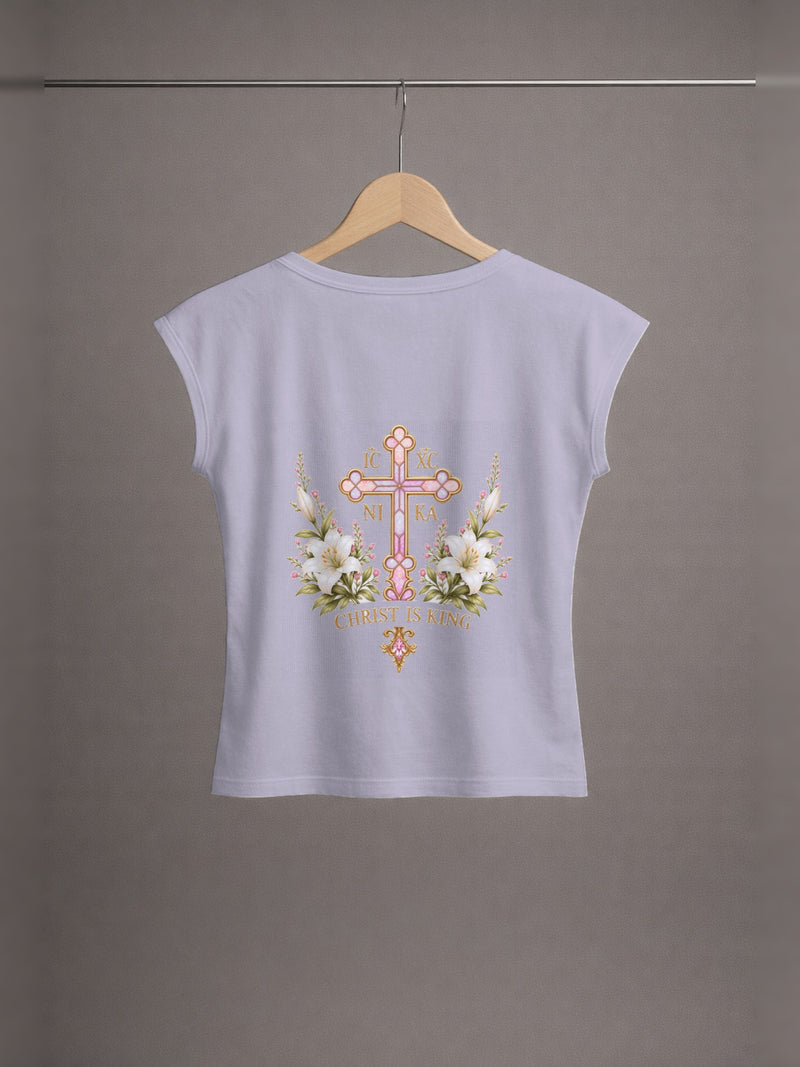 Daughter of Christ Baby Tee — Lavender Grey — back print, studio hanger
