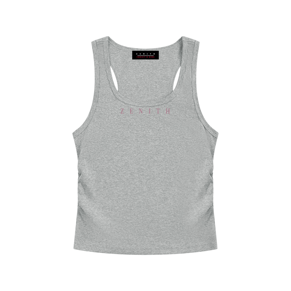 Handmaid of the Lord Ruched Tank — Heather Grey — chest side flat lay