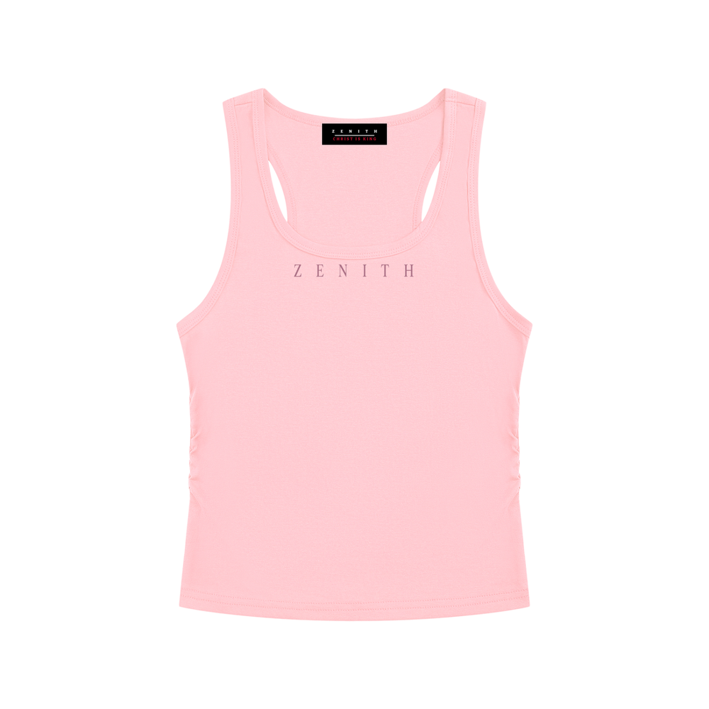 Handmaid of the Lord Ruched Tank — Blush Pink — chest side flat lay