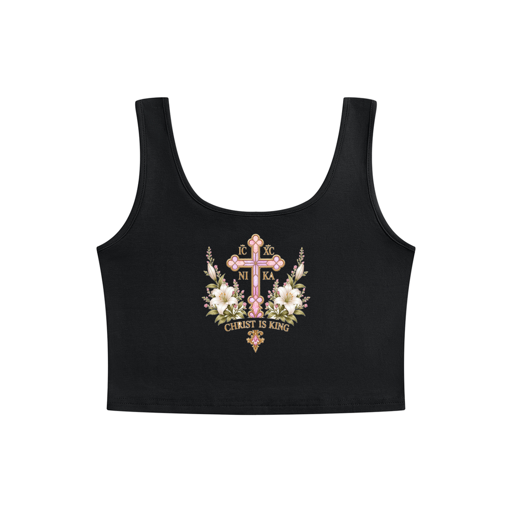 Theotokos Cropped Tank — Onyx Black — back print