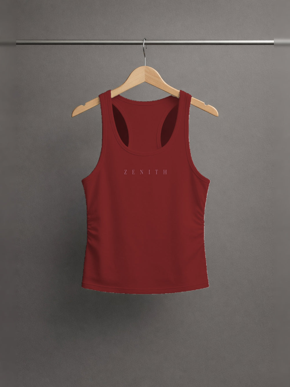Handmaid of the Lord Ruched Tank — Wine Red — chest side, studio hanger